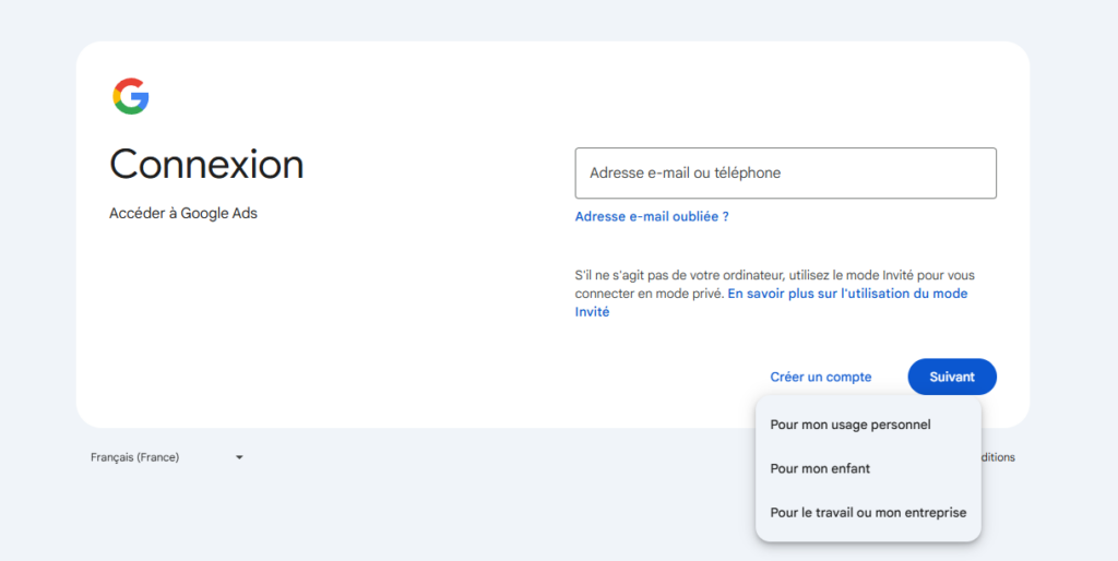 Création de compte Google Ads